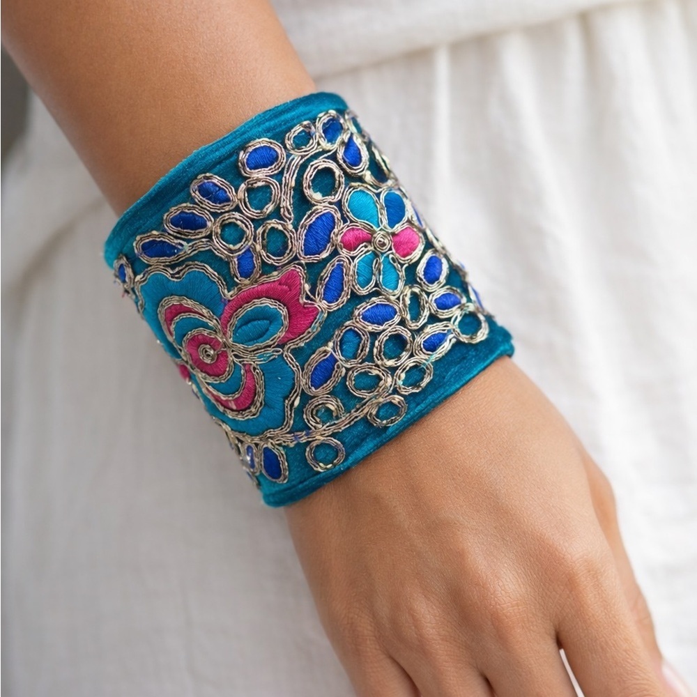 RUBYRUDI Cuff Bracelet Handcrafted OOAK Fabric Embellished Artisan Wearable Art